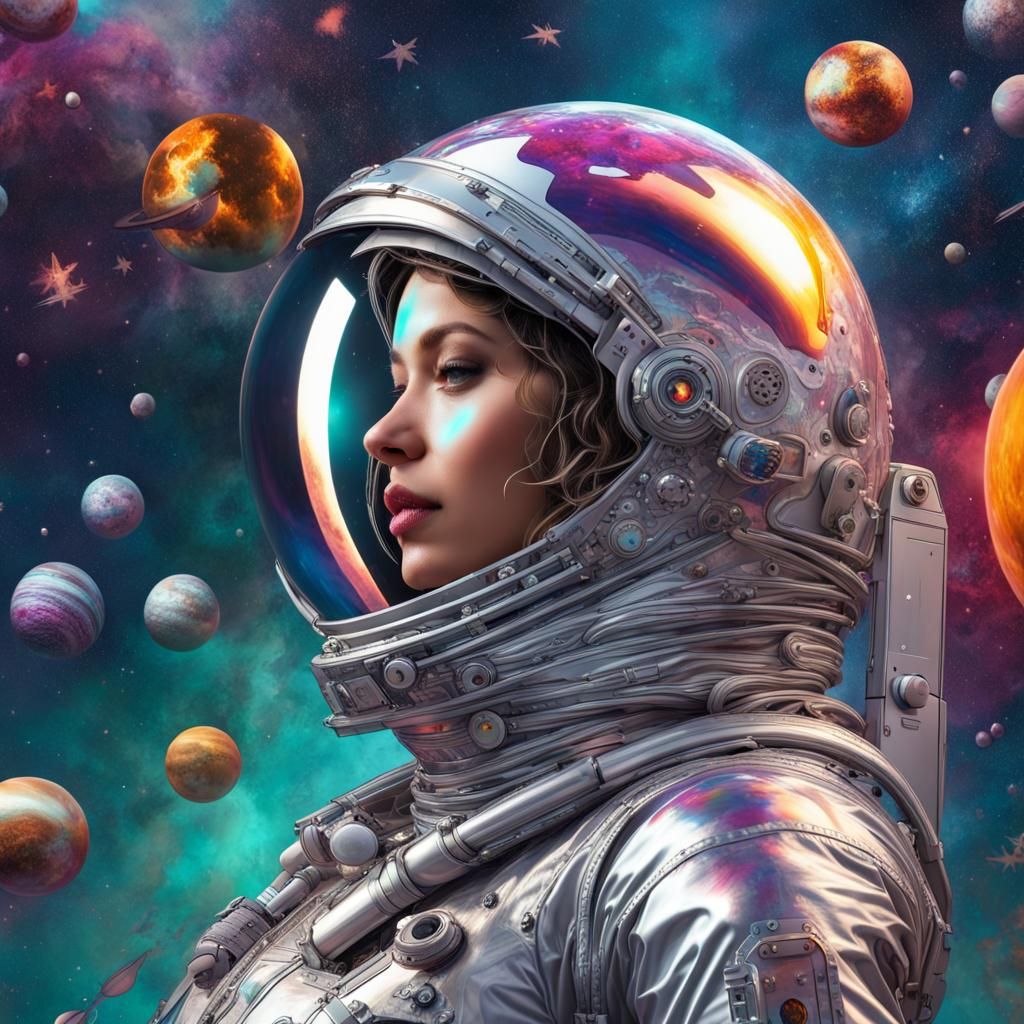 Astronaut Goddess in Jewel-Toned Silver Spacesuit