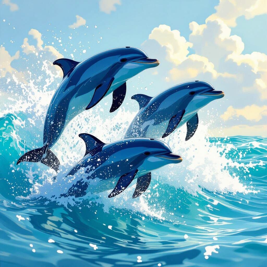 Dolphins Leaping in Turquoise Waves, Stylized Realism