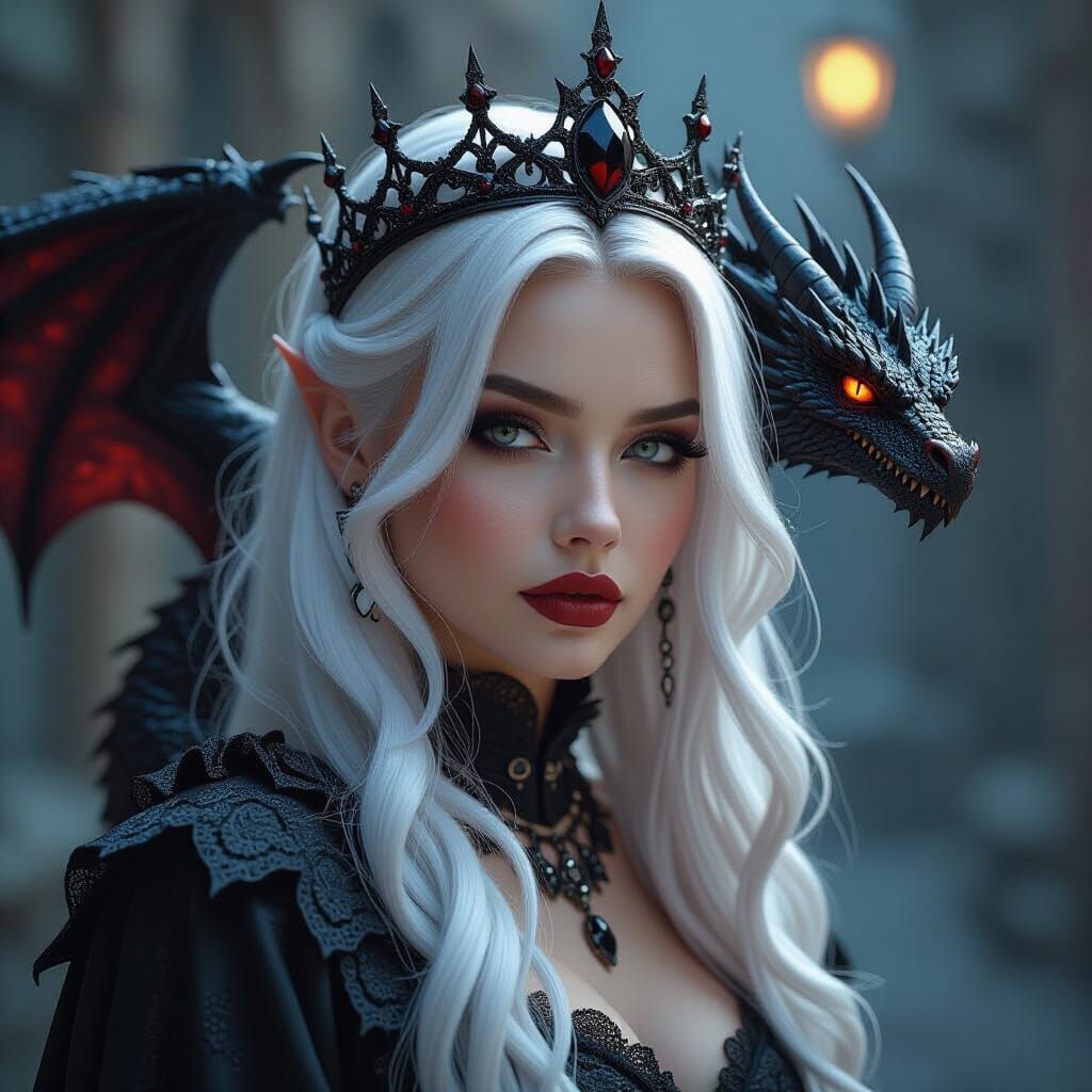 Gothic Queen with Dragon in Dramatic Dark Fantasy Style