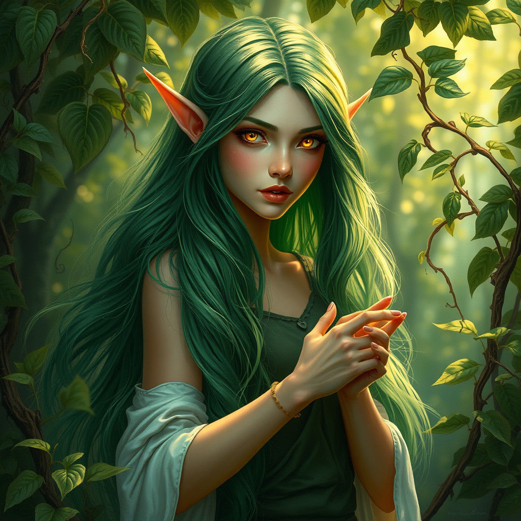 Elf Woman Conjuring Plant Powers in Enchanted Forest