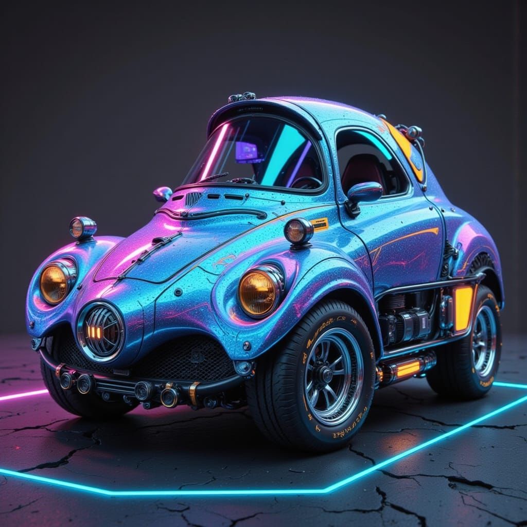 Surreal Cyberpunk Teardrop Bubble Car in Iridescent Holograp...