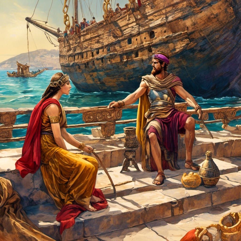 <lora:Phoenicia:1.0> alcohol ink picture of a beautiful Phoenician woman and man watch a ship in the harbor she is adorn...
