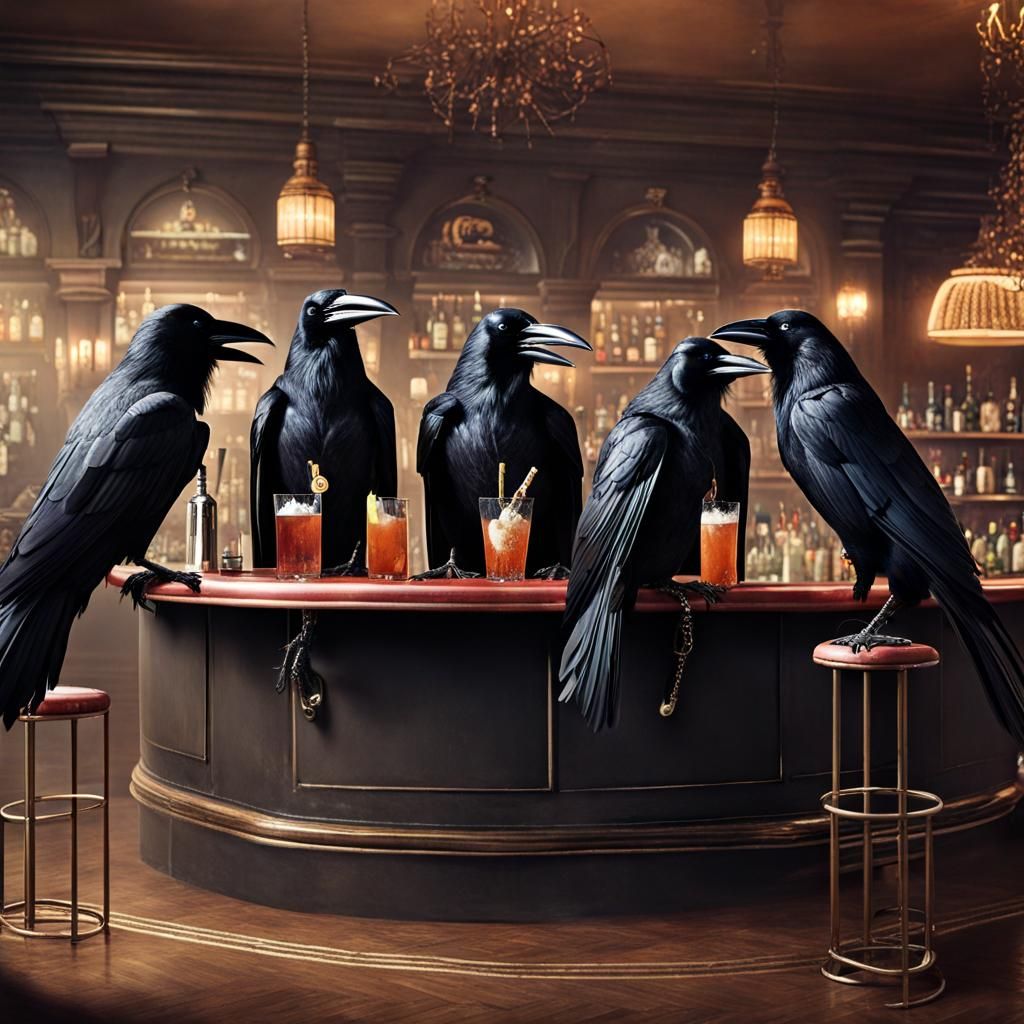 Anthropomorphic Crows at a Fancy Bar