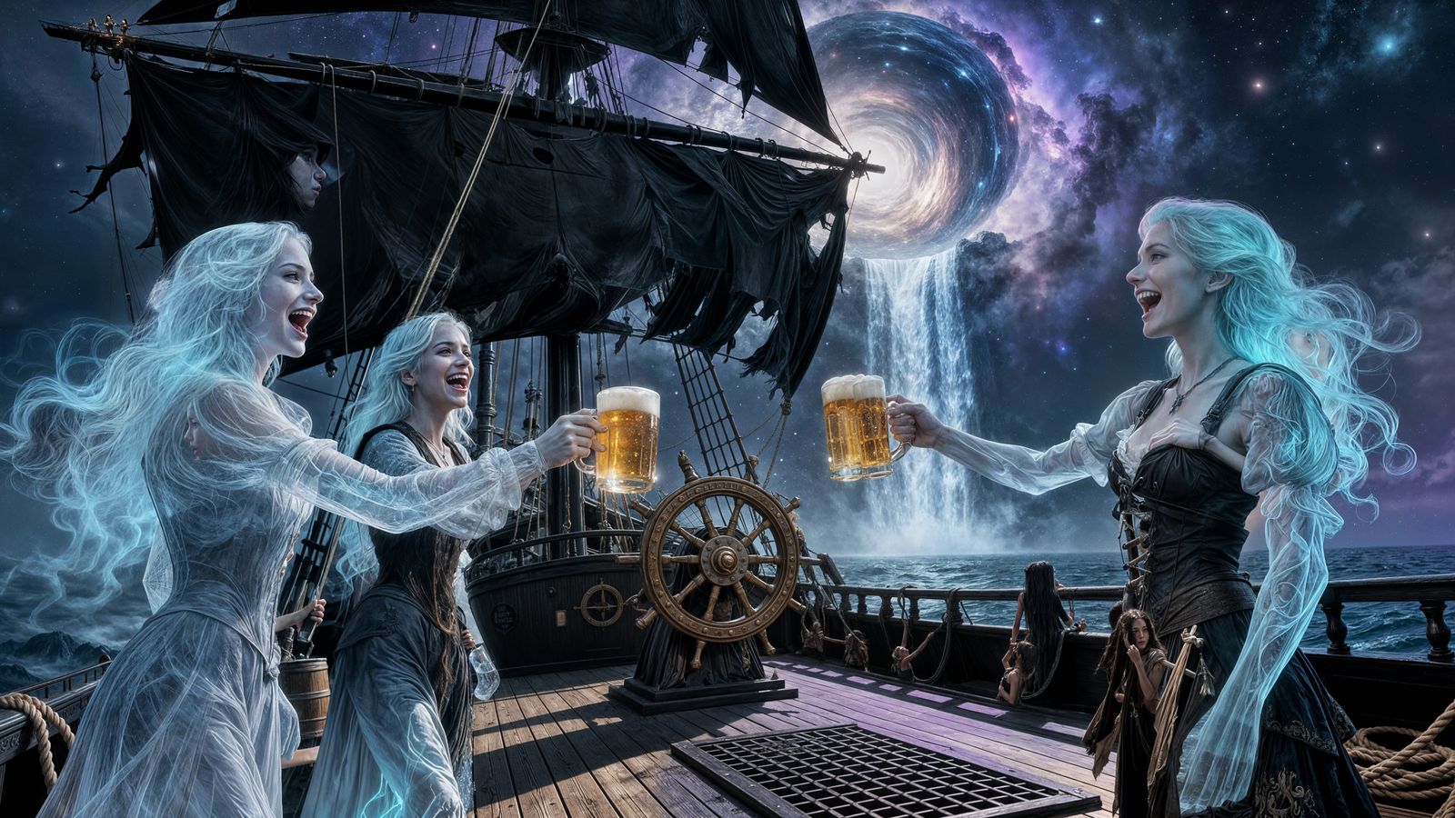 Ghostly Maidens Toasting in Deep Space Portal