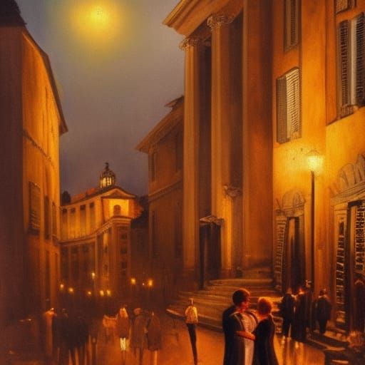Romantic Rome Evening in 1930s as Oil Painting