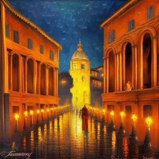 Romantic Rome Evening in 1930s as Oil Painting