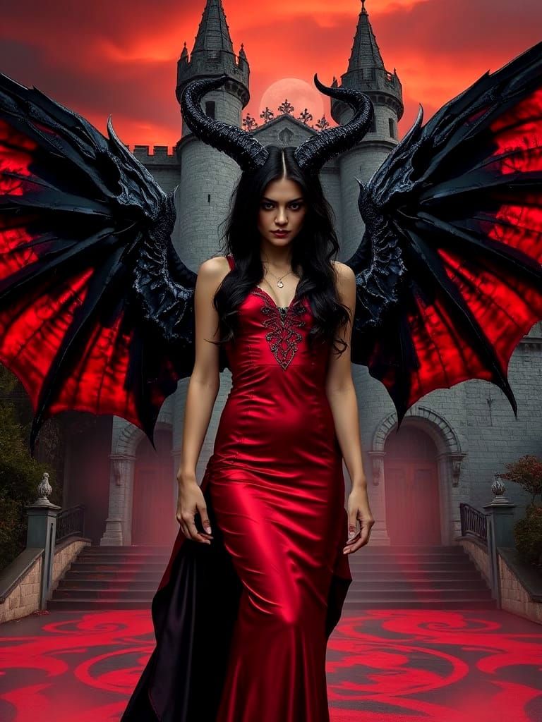 Demoness in Red Dress: Gothic Fantasy Art
