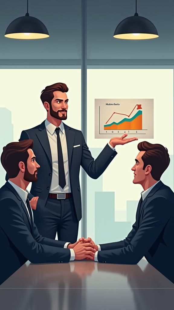 Confident Businessman Presents Mutual Benefits Chart