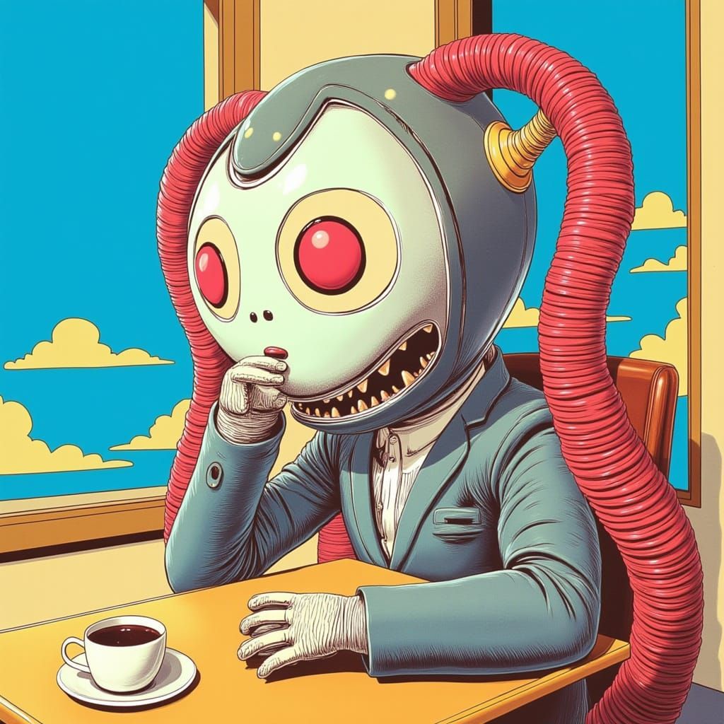 Surreal 70s Sitcom Scene with Android Drinking Coffee in Vib...