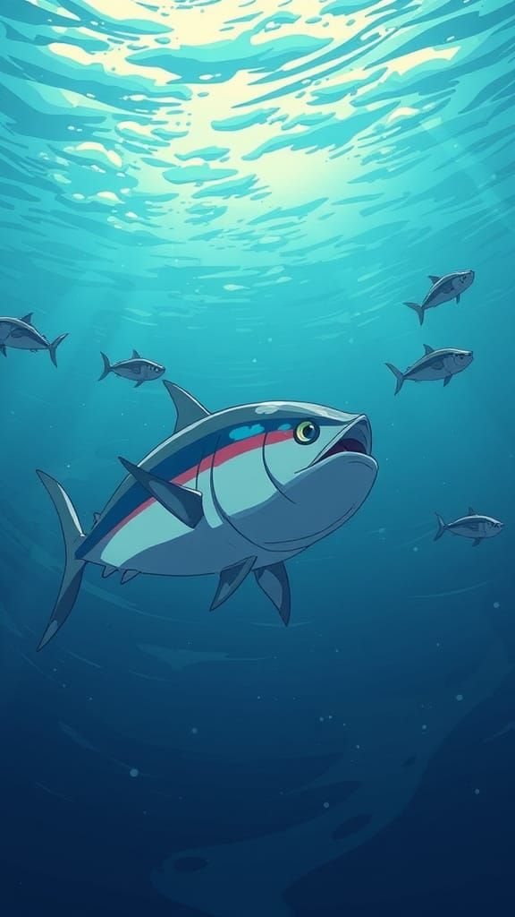 Surreal Deep Ocean Scene with Drifting Tuna in Anime Style