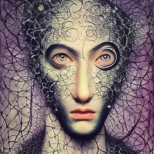 Surreal Man Portrait with Blossoms and Fractals