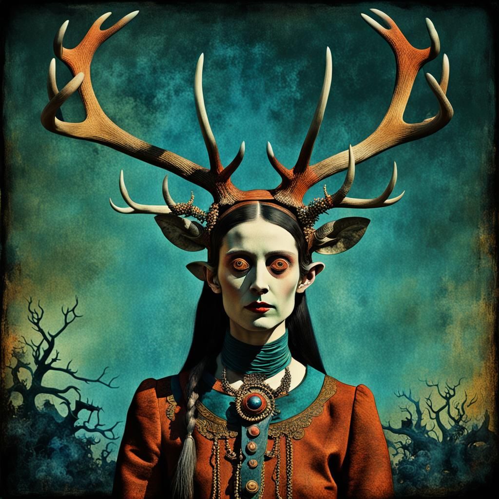 Gothic Woman with Antlers in Dreamlike Surrealism