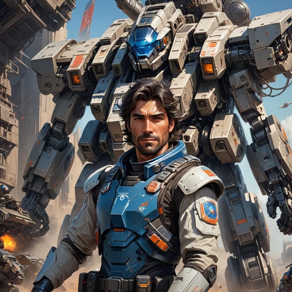 Handsome Pilot and Battle-Mech Portrait