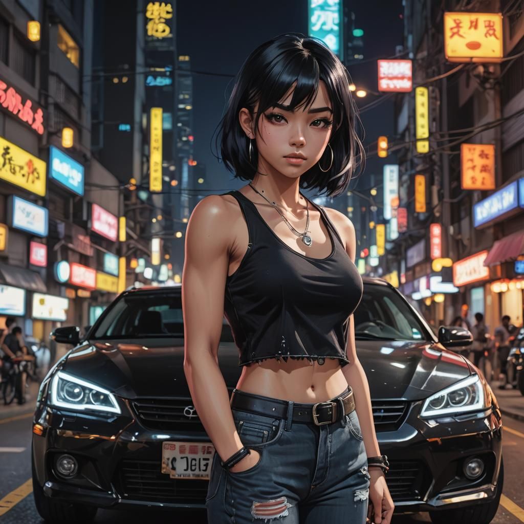 Anime Gothic Painting: Indonesian Girl in City at Night