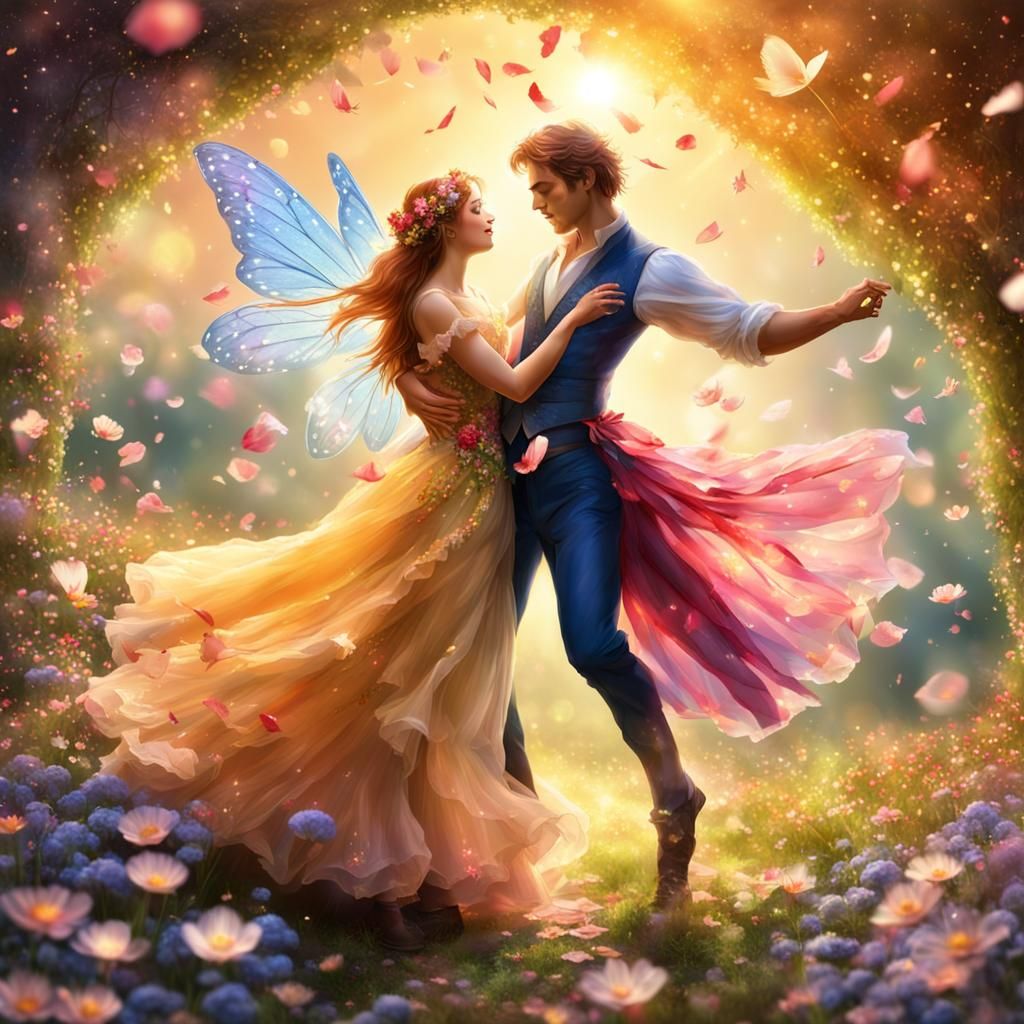 Fairies Waltzing in a Sunny Flower Garden