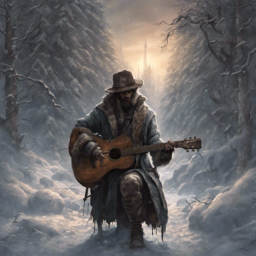 Snowy Forest Guitarist in Dark Fantasy Style