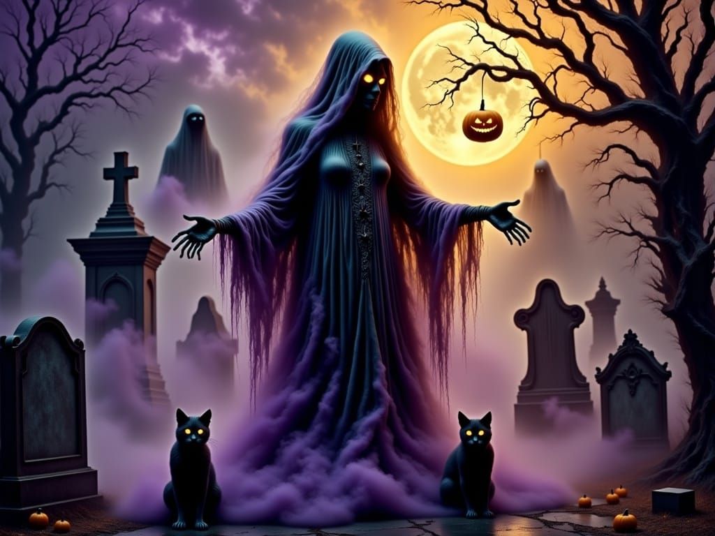 Halloween Witch Spellcasting in Cemetery with Ghosts