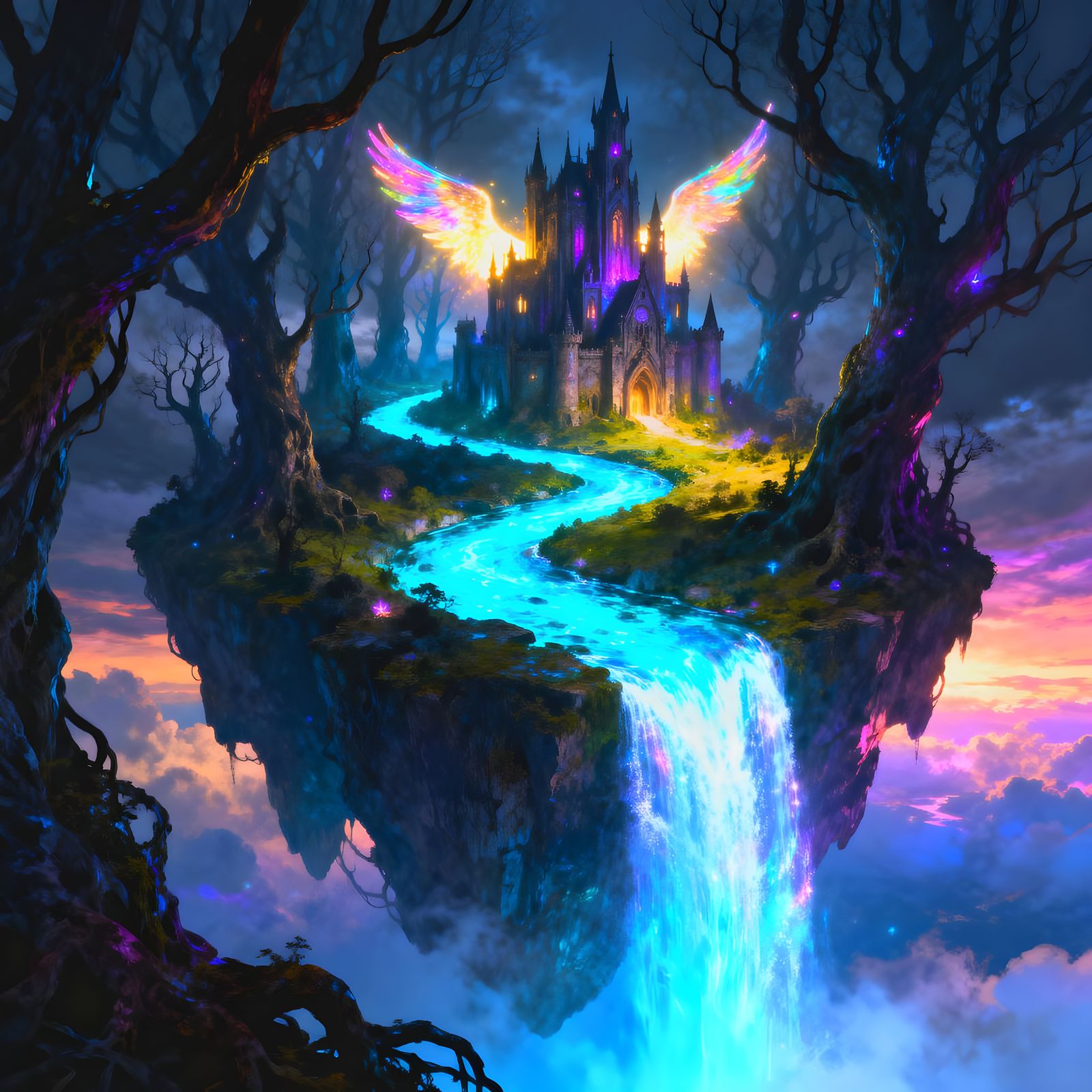 Mysterious Floating Island Castle Above Clouds