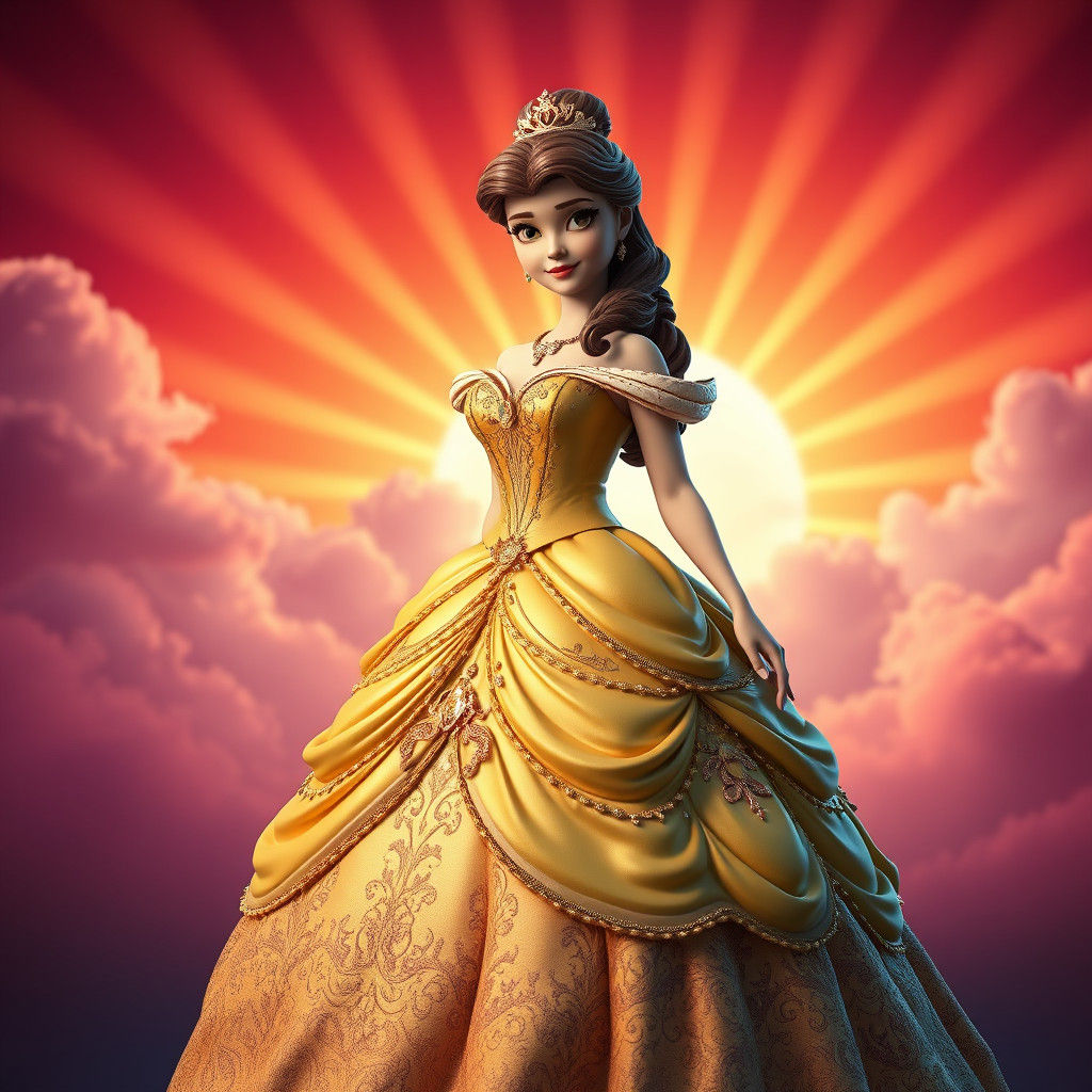 Princess Belle in Golden Gown, 3D Digital Art