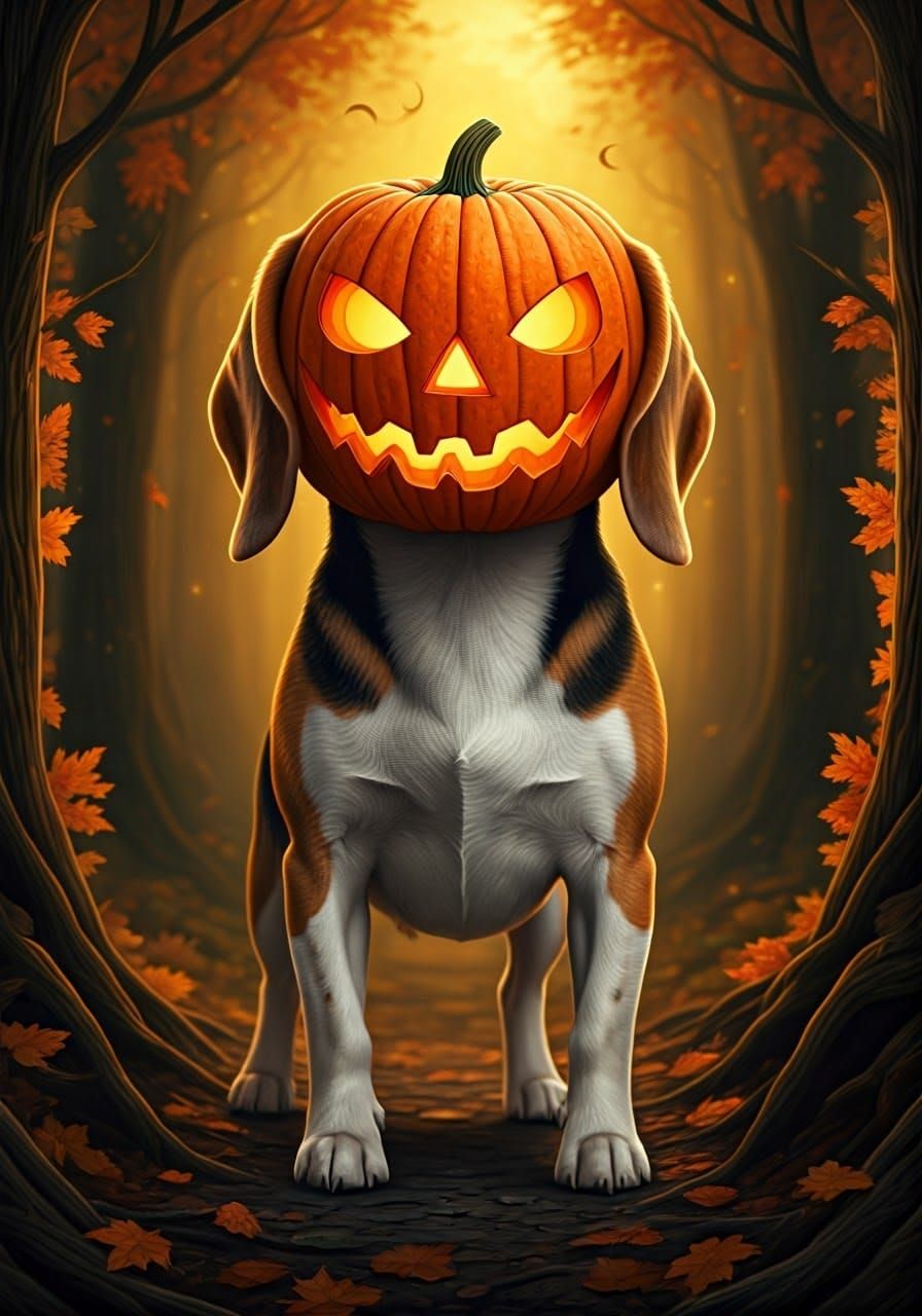 Pumpkin Beagle in Mystical Autumn Forest