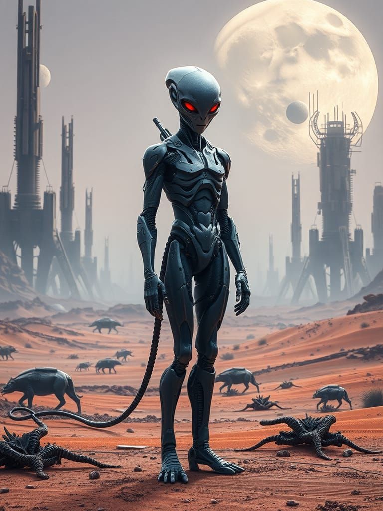 Cybernetic Alien in Bio-Wasteland of Mecha Planet