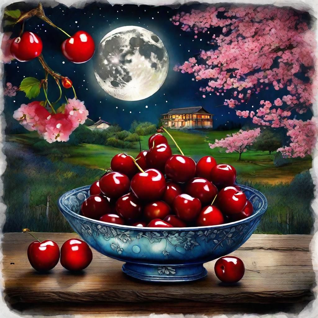 Ethereal Moonlit Cherry Still Life in Mixed Media