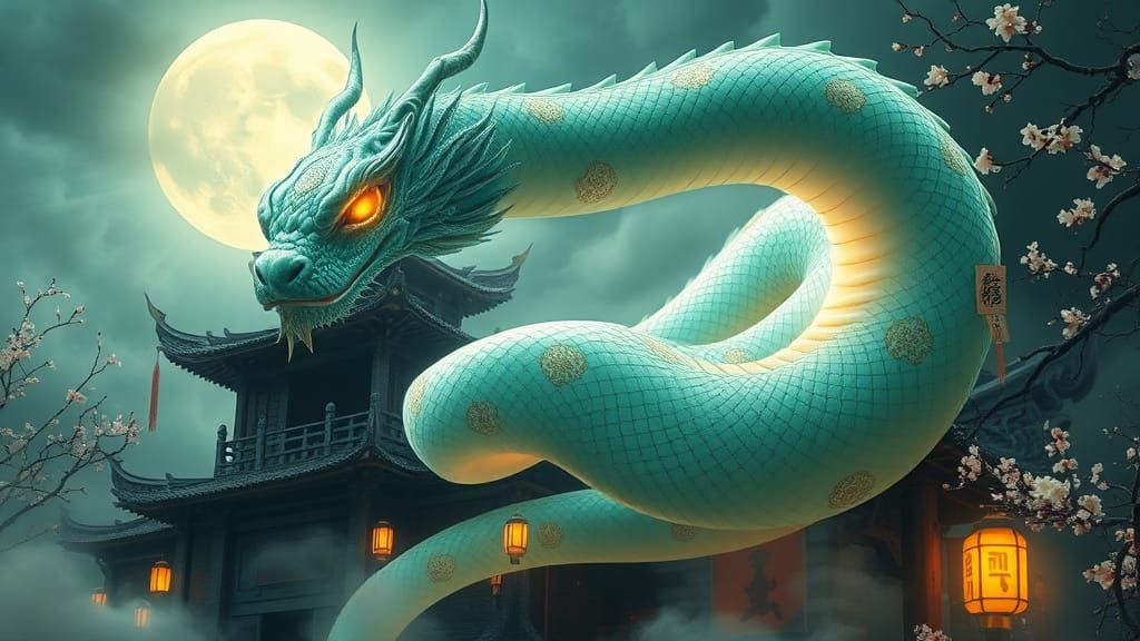 Majestic Celestial Serpent Entwines Ancient Temple