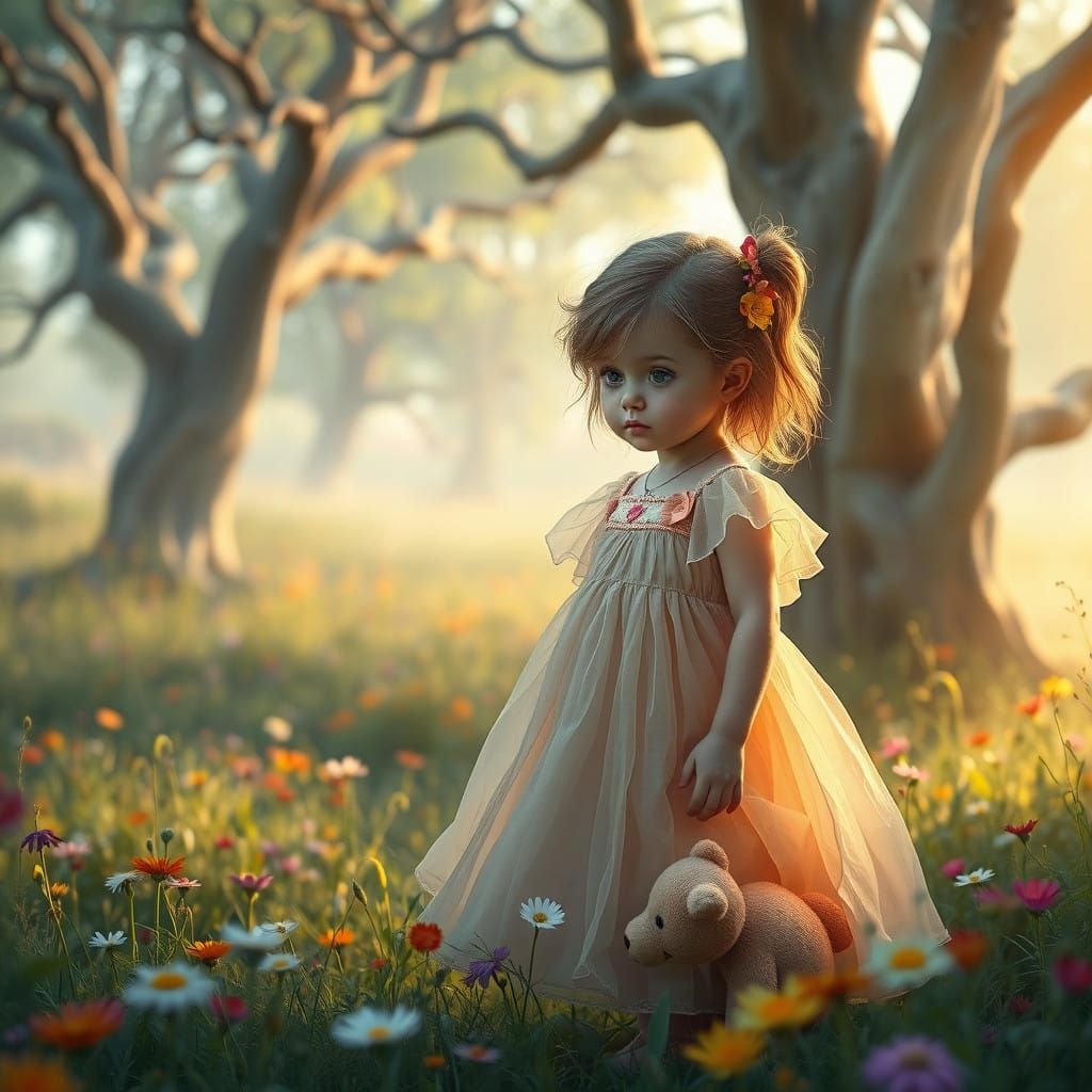 Little Girl Searches for Lost Teddy Bear in Vibrant Fantasy...