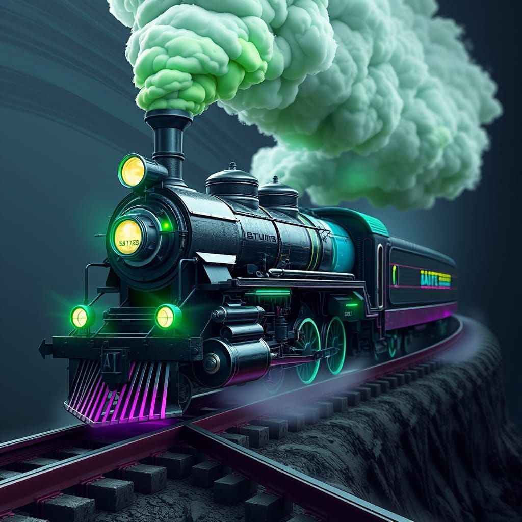 A stunning 8k UHD photo of a steam train banking sideways as it speeds down a long bending track that goes straight thro...