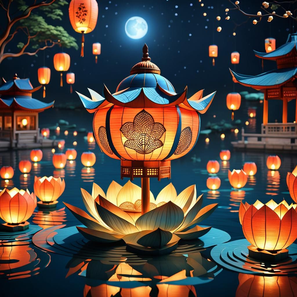 Intricate Lotus Lantern Floating at Night