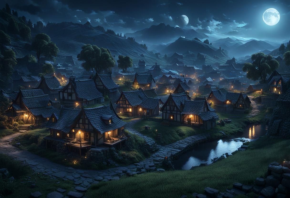 Moonlit Countryside Village in Dark Fantasy Style