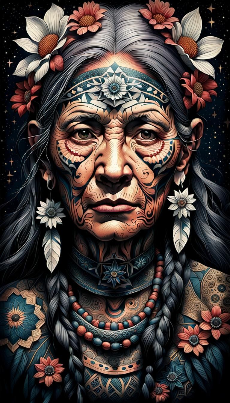 Sad Tattooed Woman Portrait in Gothic Horror Style