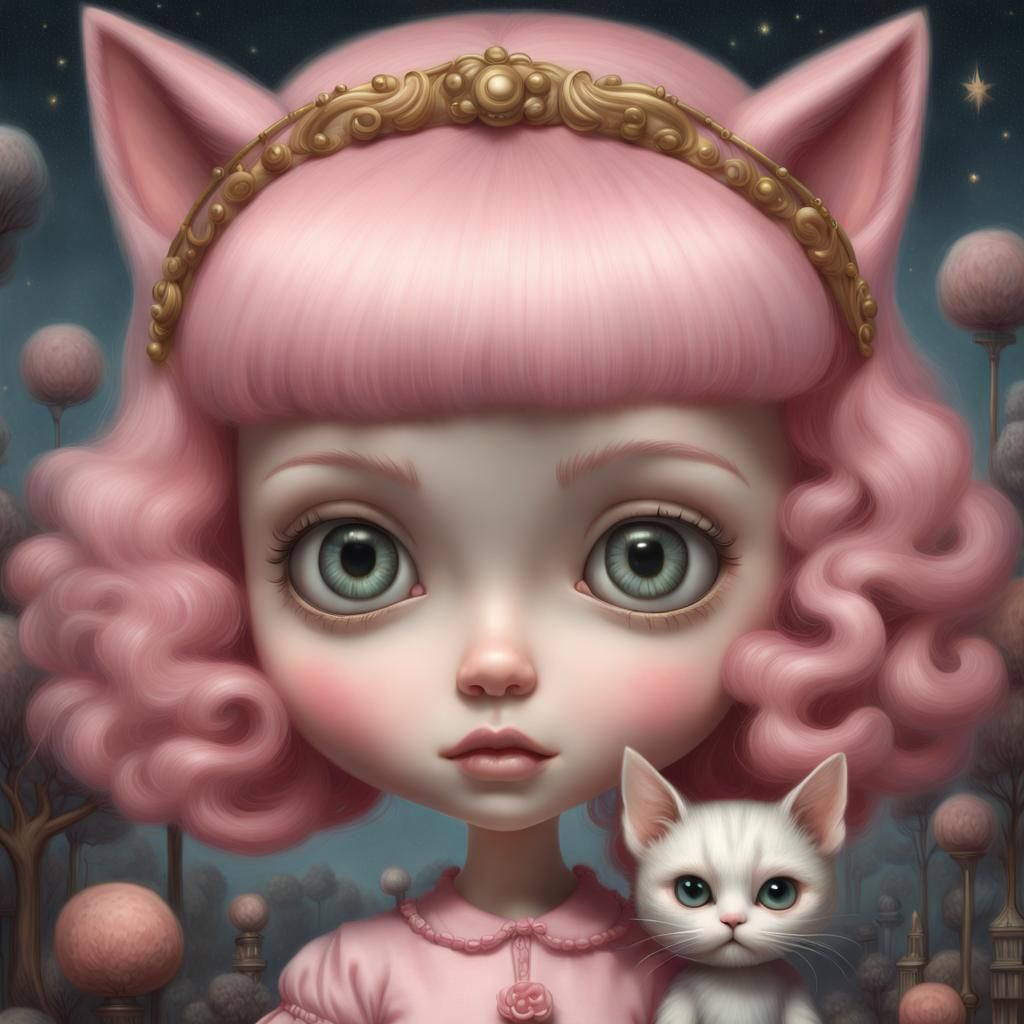 Chibi Girl with Cat in Pop Surrealist Style