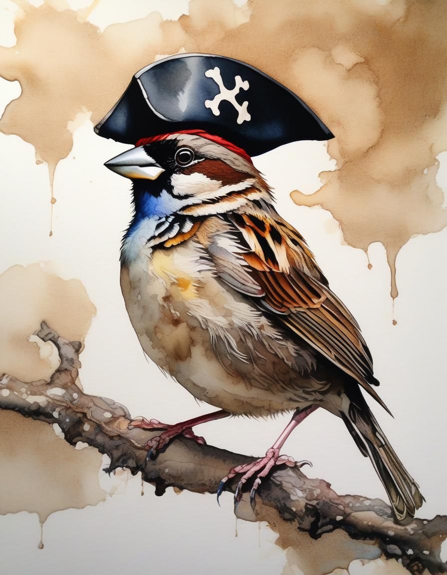 Sparrow with Pirate Hat as Watercolor Painting