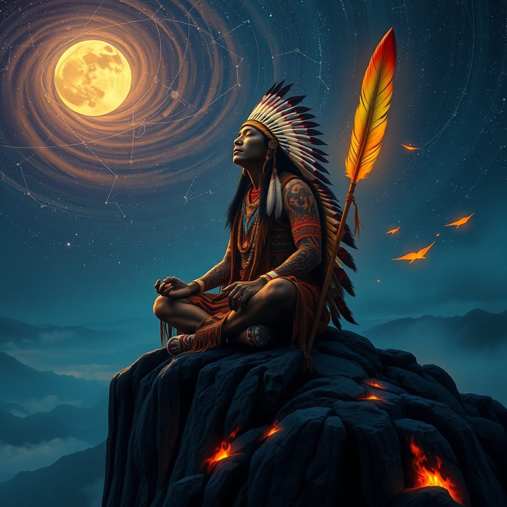 Surreal Native American Chief in Ethereal Regalia, Silhouett...