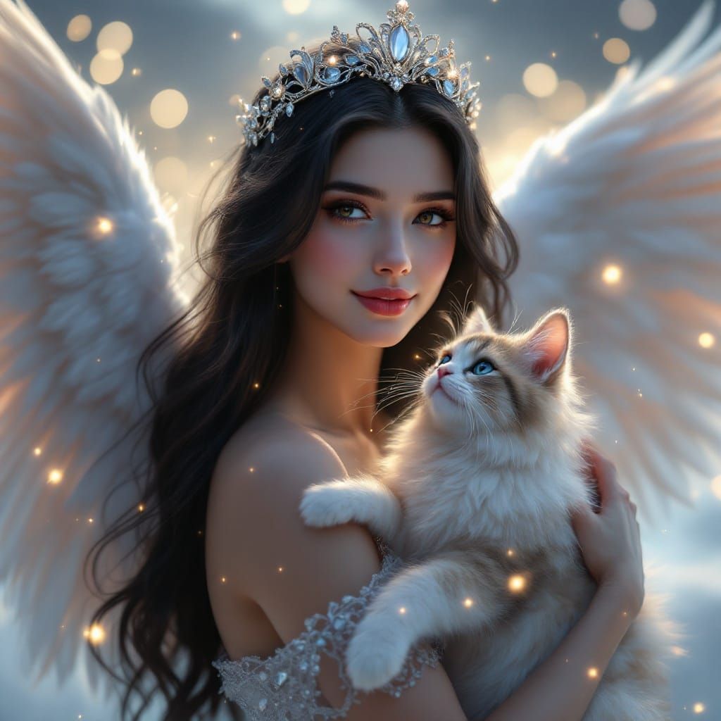 Enchanting Queen with Majestic Feline Companion in Ethereal...