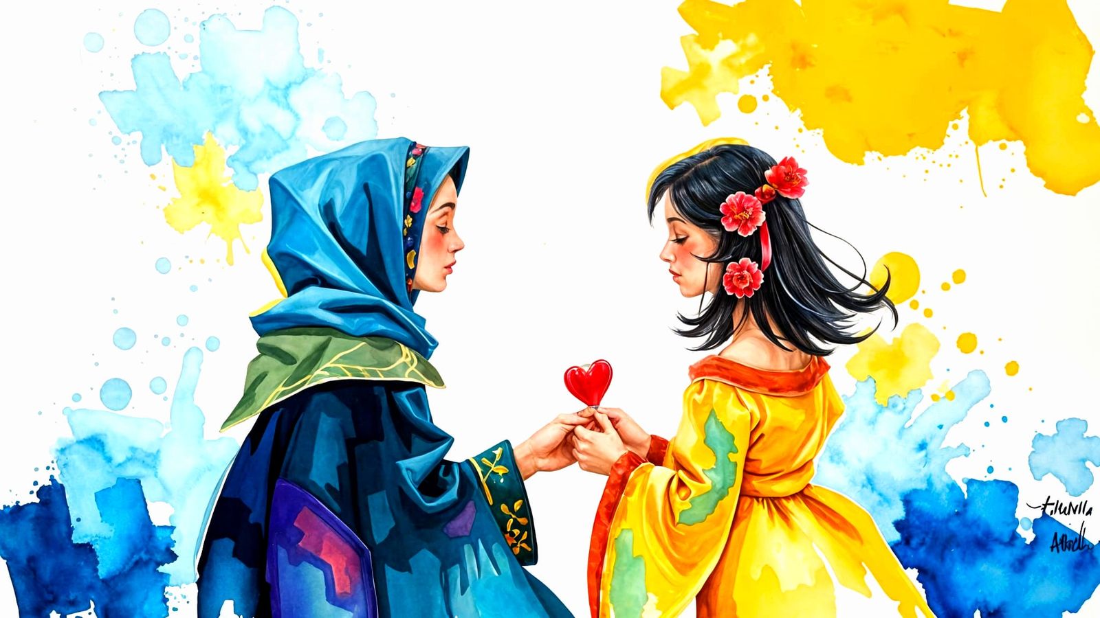 Impressionist Gouache Painting of Friends Meeting