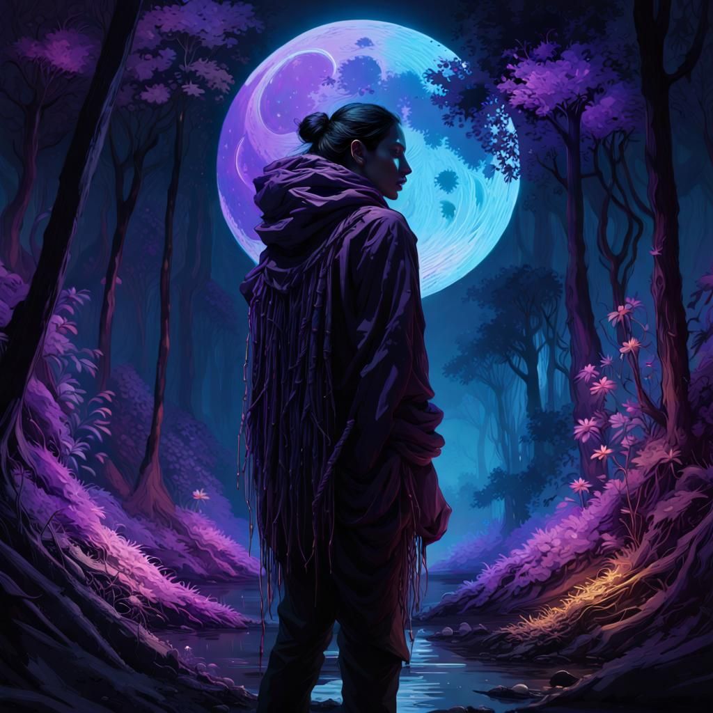 Neon Lit Figure in Black Light Landscape