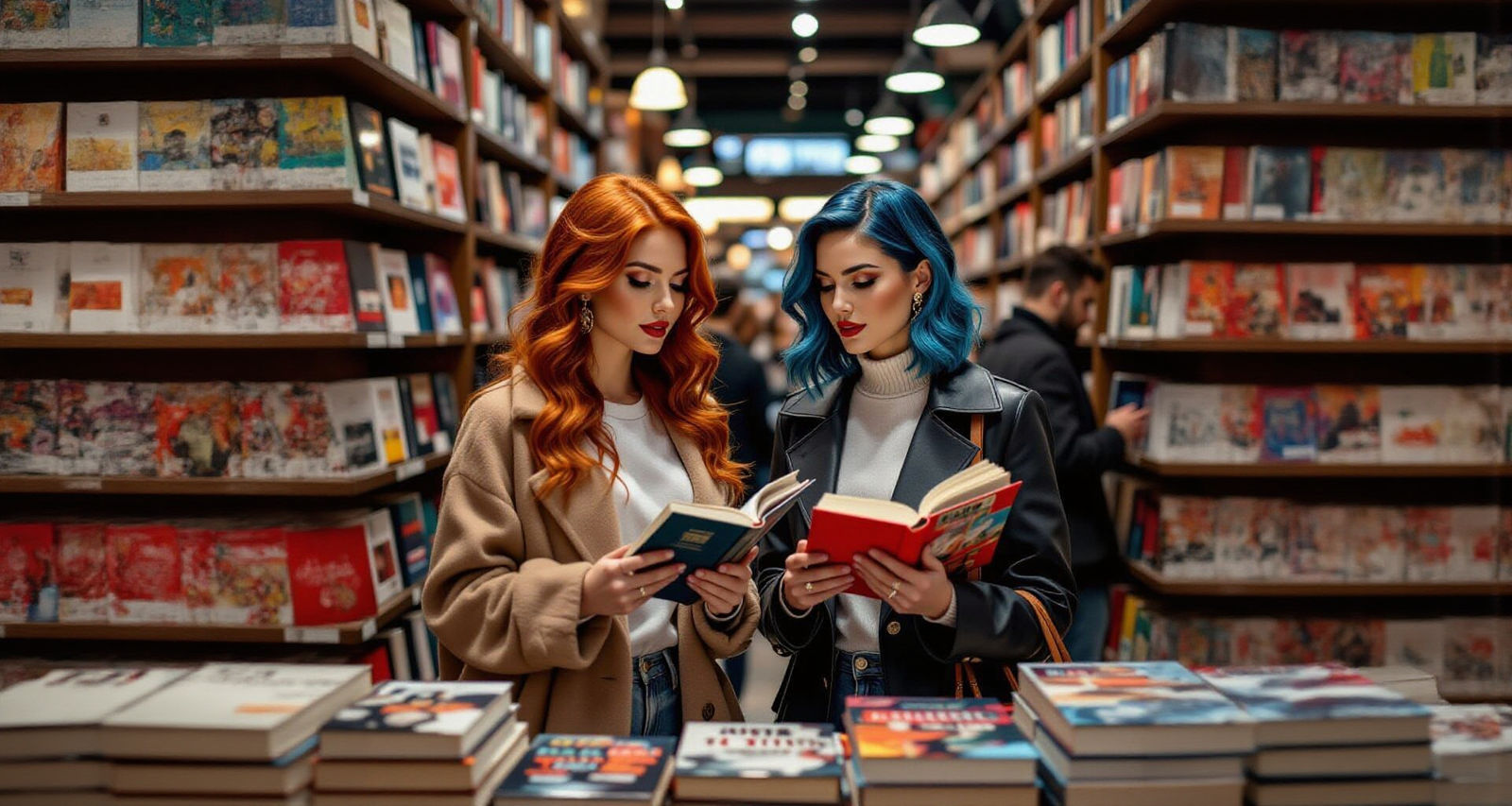 Stylish Women Browse Bookstore in Photorealistic Style