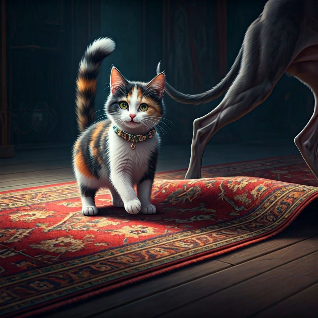 Calico Cat Mischief Reveals Greyhound in Matte Painting
