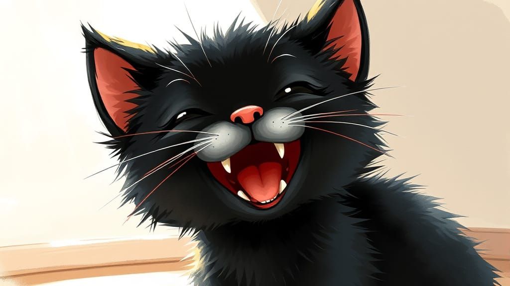 a black kitten with big open smiling mouth
