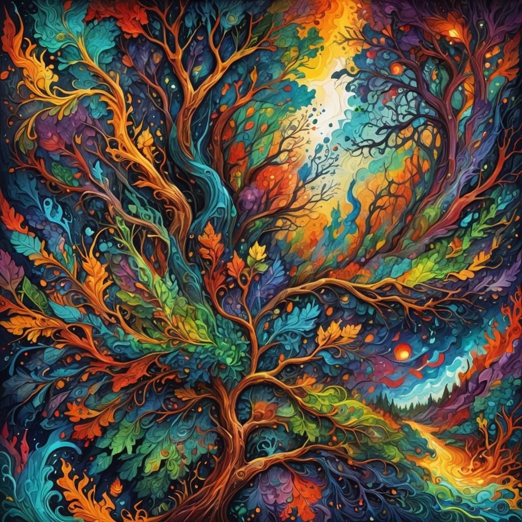 Colorful Intricate Pen Drawing with Impasto Elements