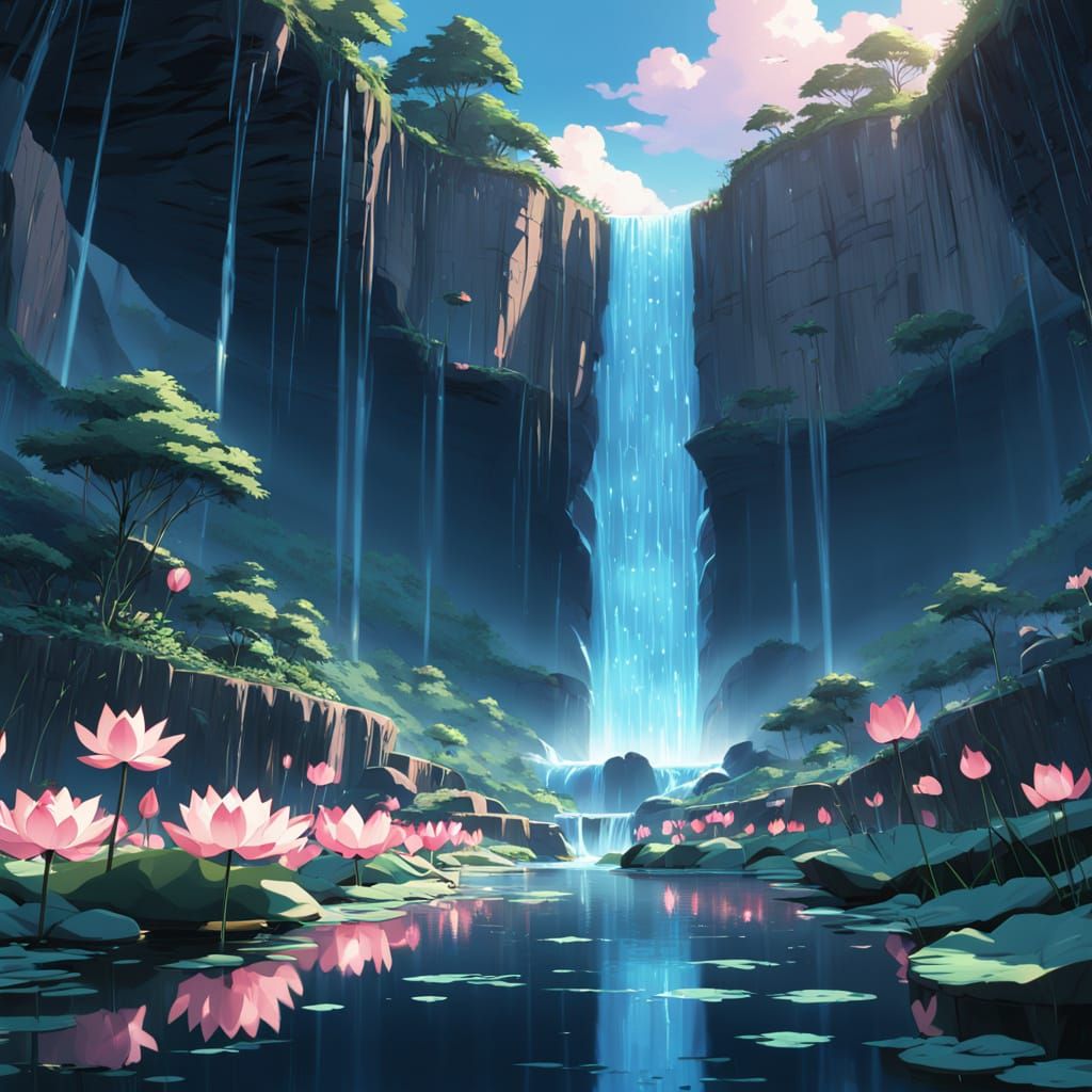 Twilight Waterfall Scene with Luminous Lotus, in Anime Style