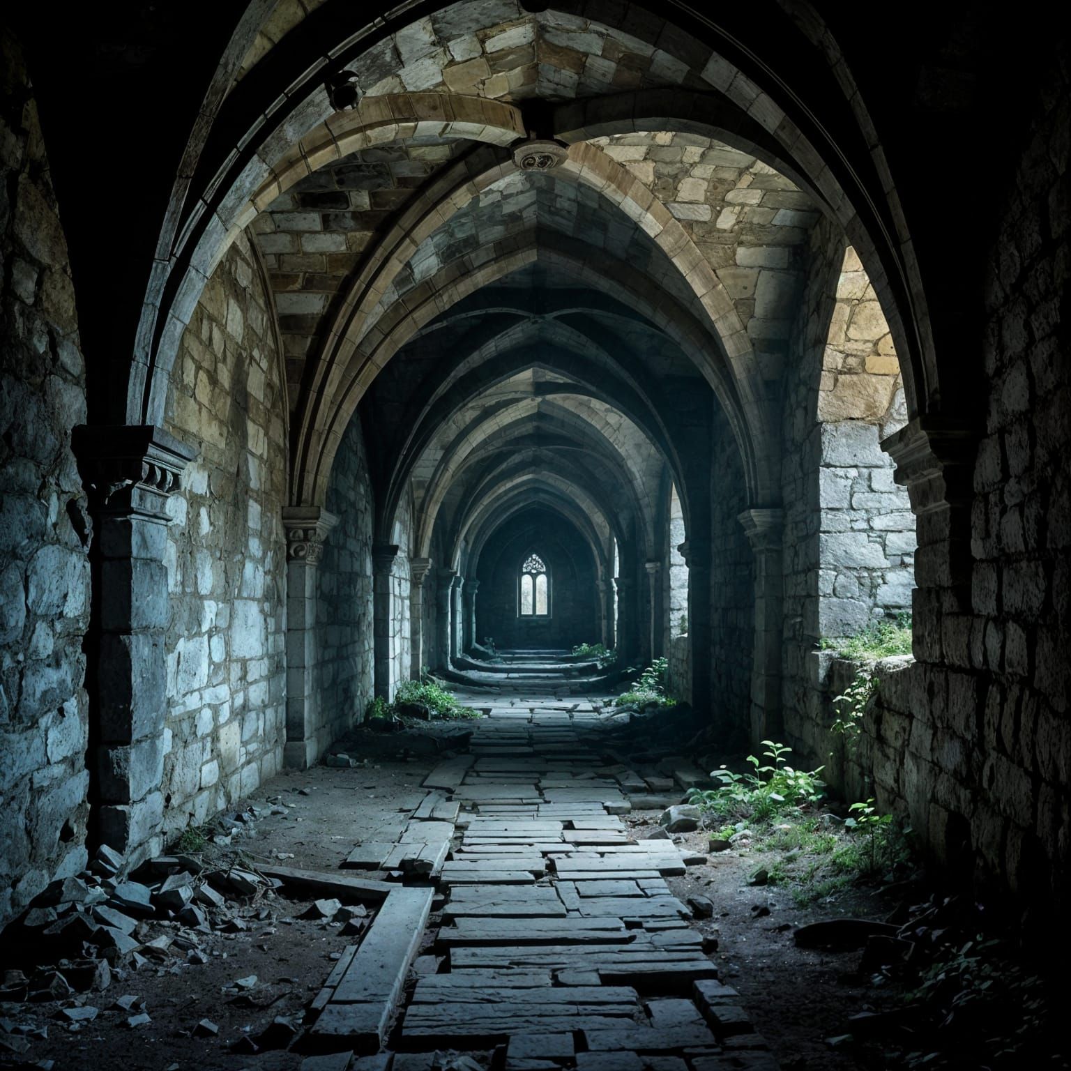 Medieval Crypt Interior with Arched Stone Hall