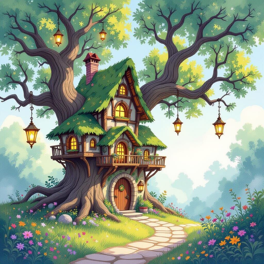 Enchanting Elven Village in Watercolor Style