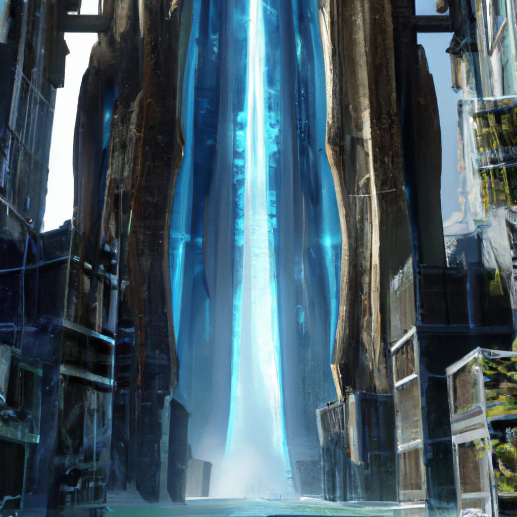 Cyberpunk Skyscraper with Waterfall in Solarpunk Style