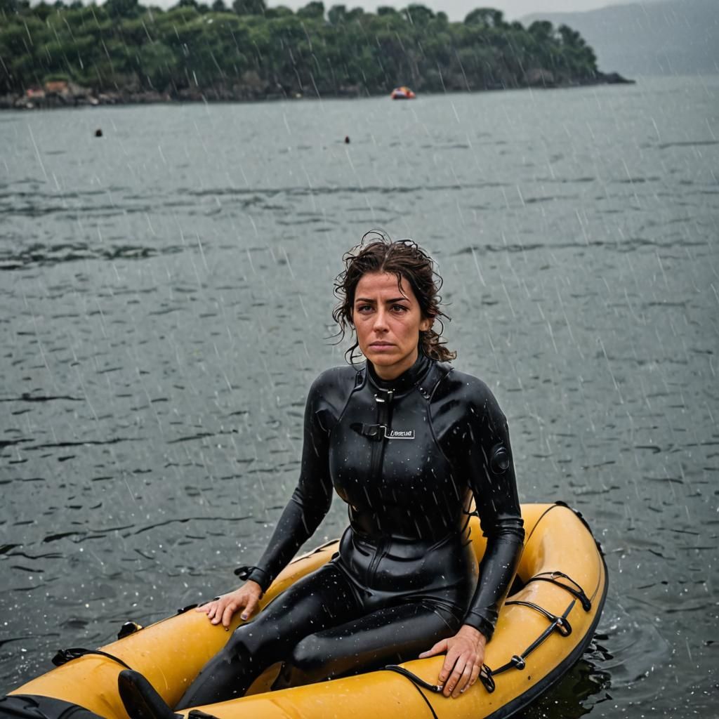 Tired Woman Adrift at Sea in Storm