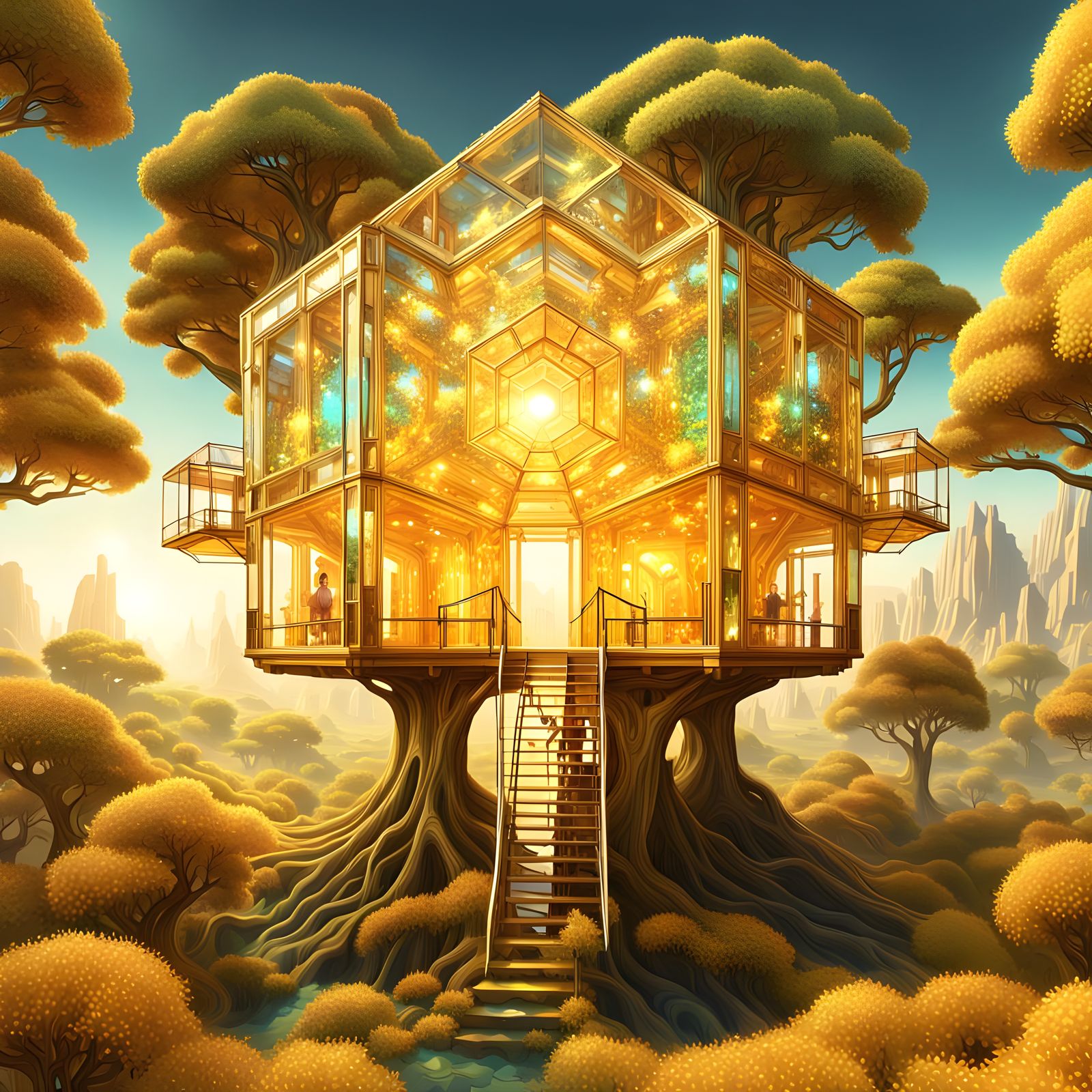 Crystalline Alien Treehouse with Golden Iridescence