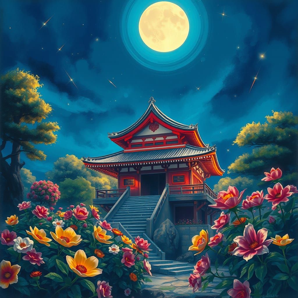 Ethereal Japanese Temple at Night in Dreamy Aquarelle Style