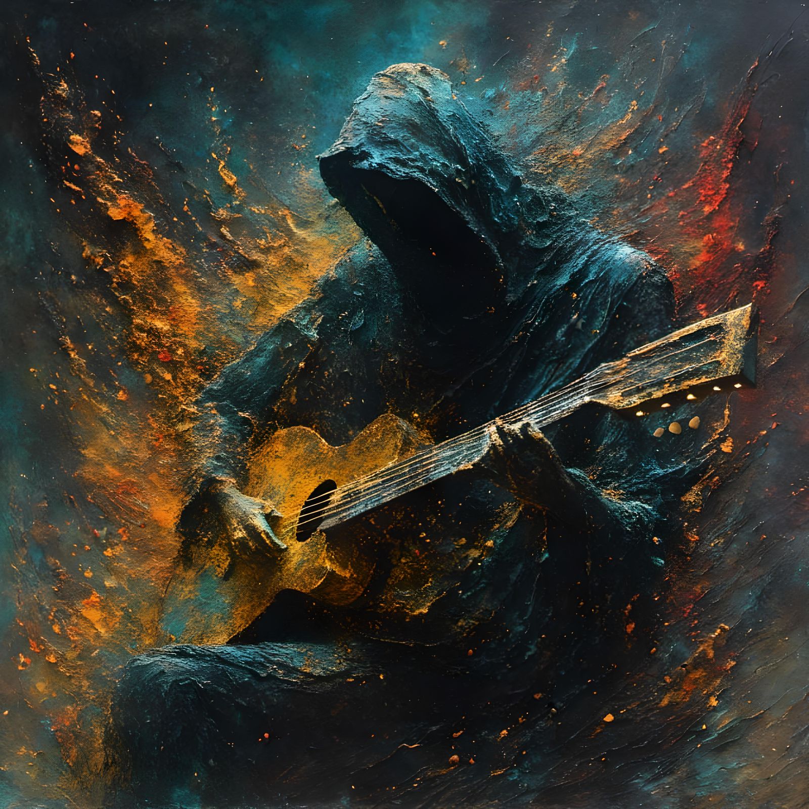 Melancholic Liquid Glass Musician in Fantasy Art Style